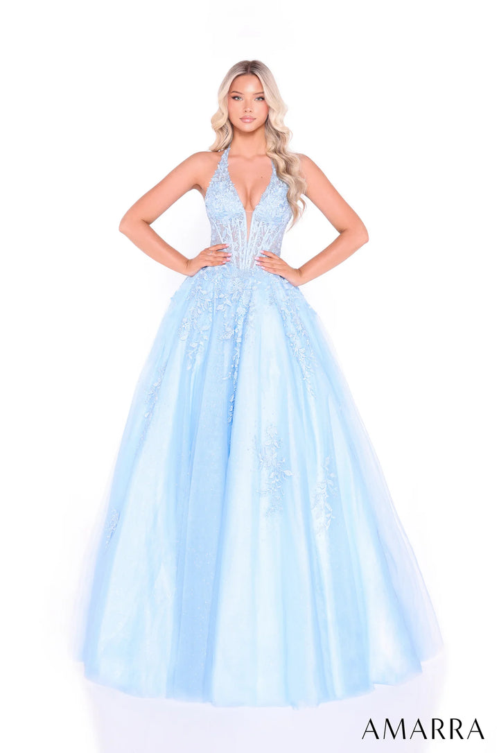 Applique Tulle Halter A-line Gown by Amarra 89317