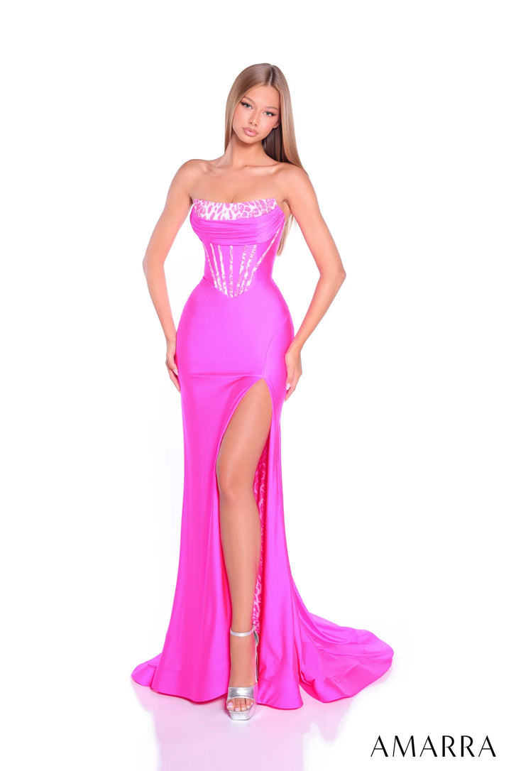 Leopard Print Strapless Slit Gown by Amarra 89339