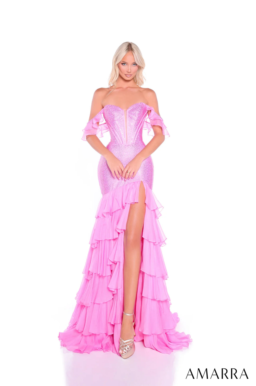Beaded Off Shoulder Tiered Slit Gown by Amarra 89345