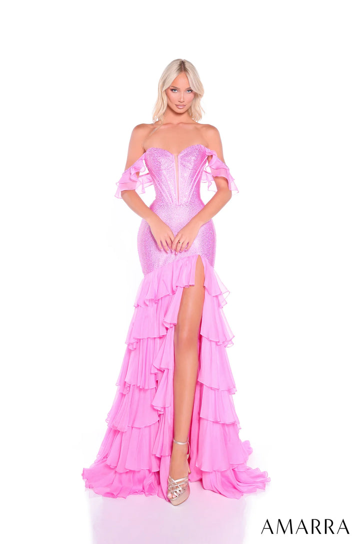 Beaded Off Shoulder Tiered Slit Gown by Amarra 89345