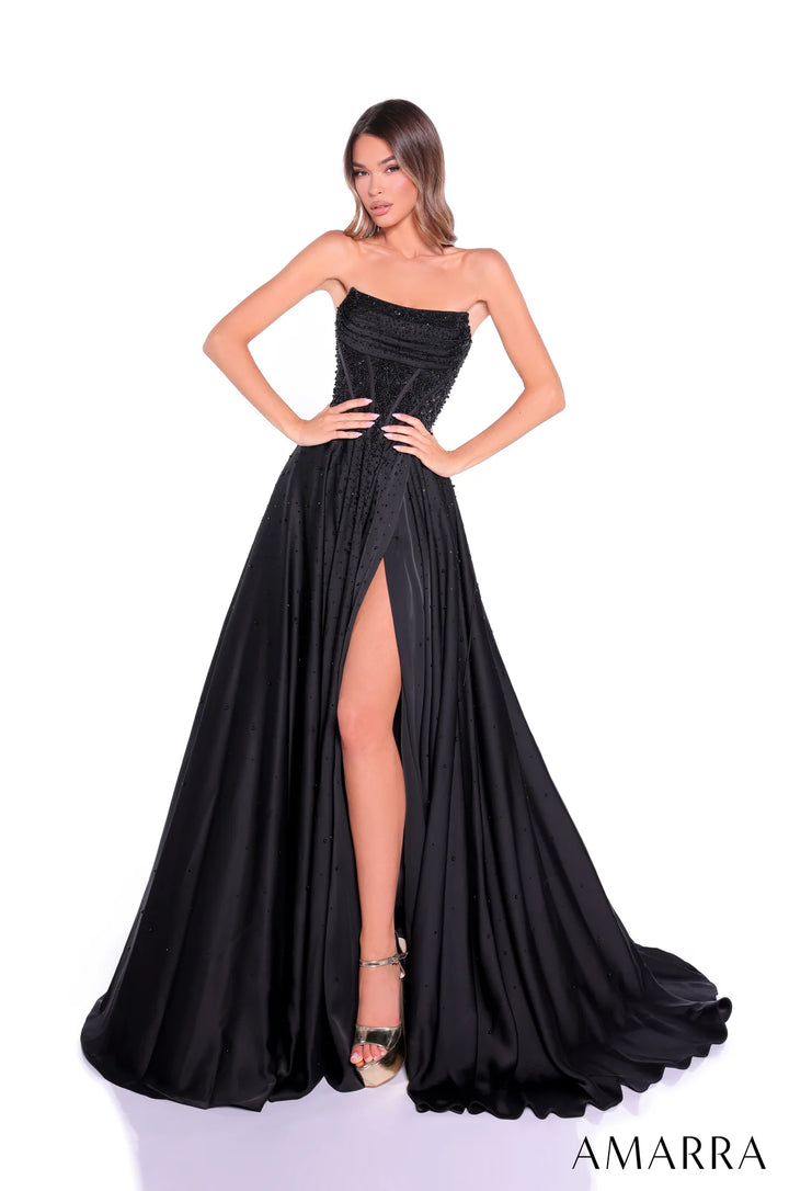Satin Strapless A-line Slit Gown by Amarra 89387