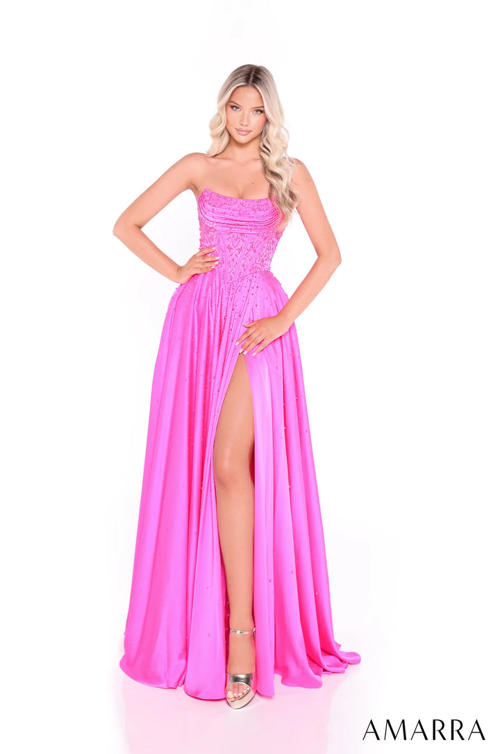 Satin Strapless A-line Slit Gown by Amarra 89387