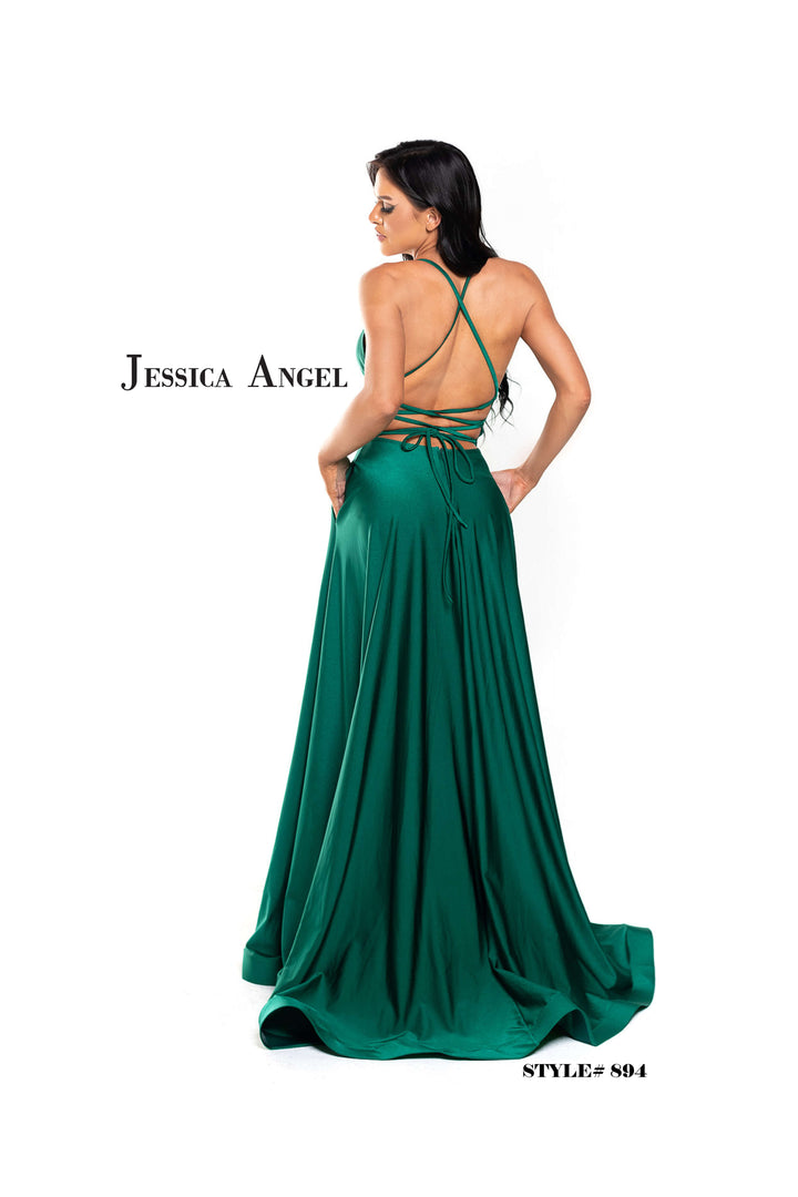 Jersey V-Neck A-line Slit Gown by Jessica Angel 894