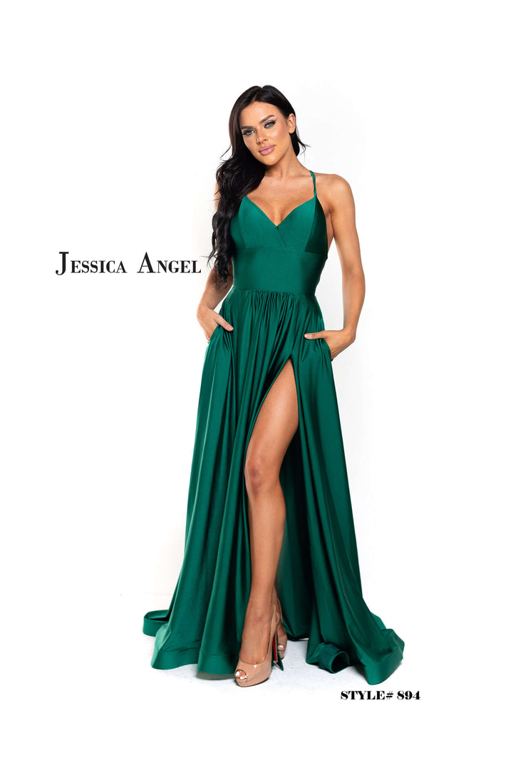 Jersey V-Neck A-line Slit Gown by Jessica Angel 894