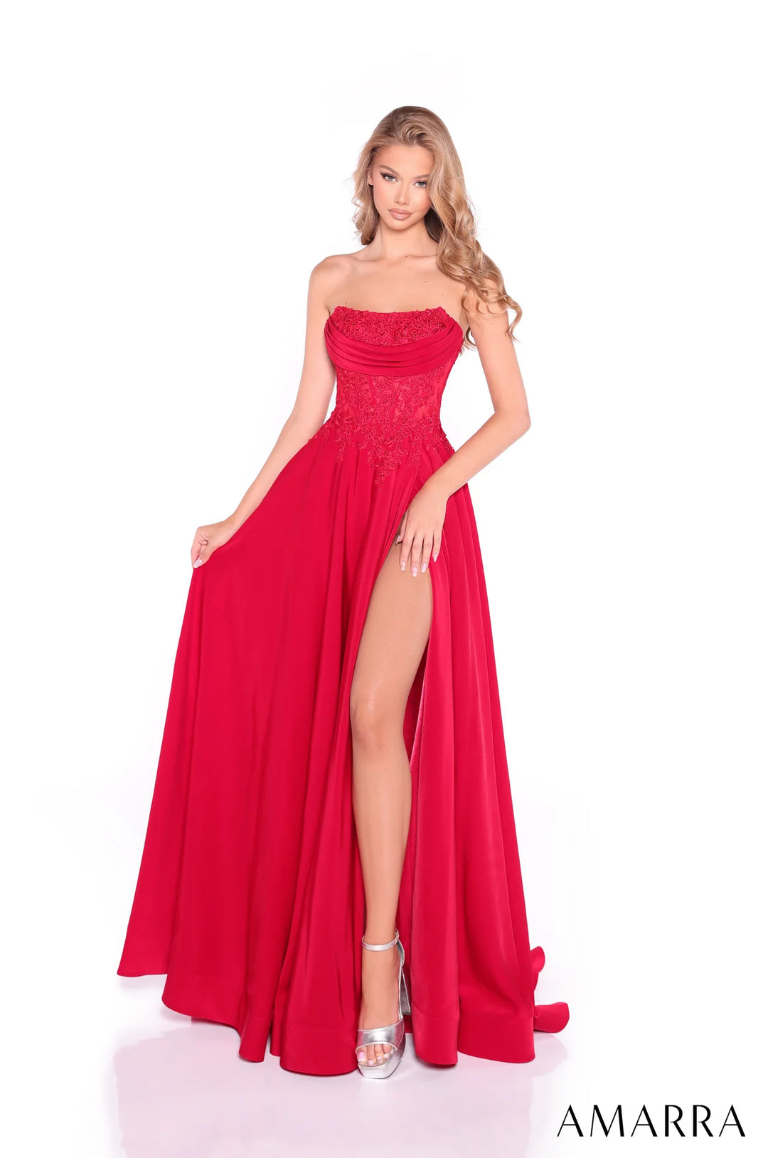 Applique Strapless A-line Slit Gown by Amarra 89421
