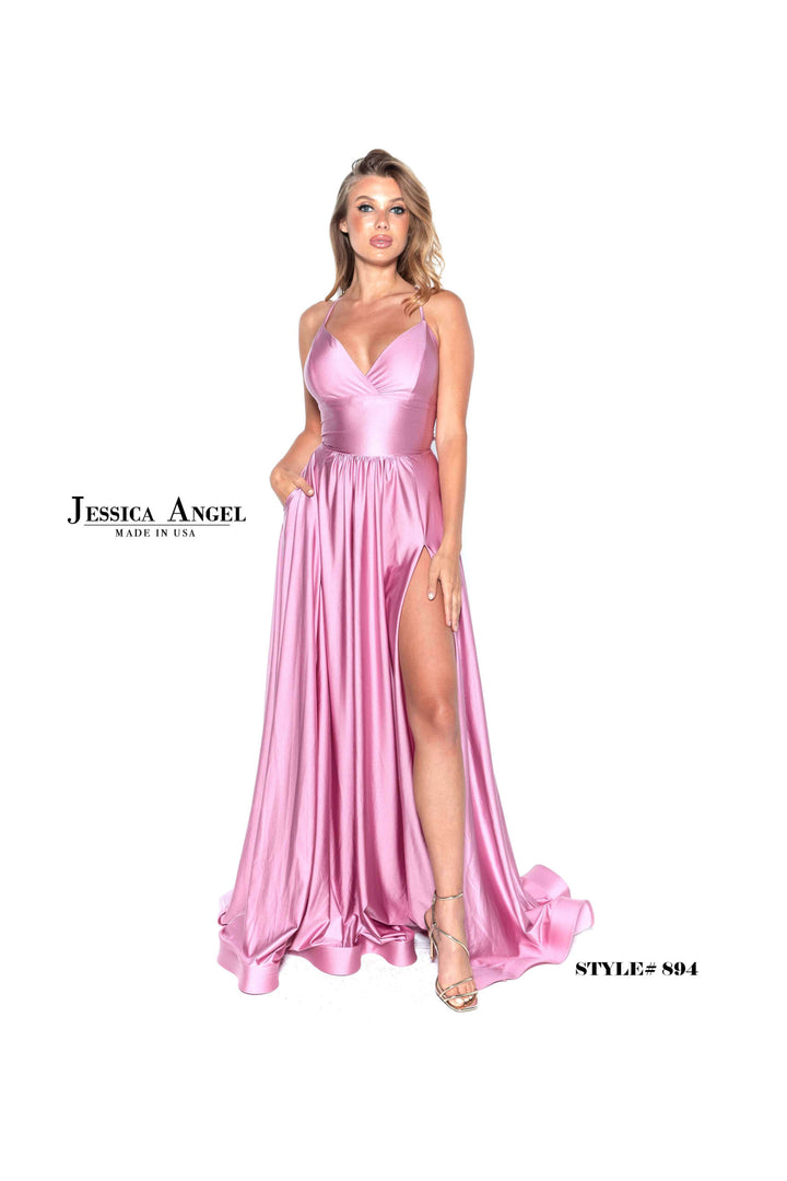 Jersey V-Neck A-line Slit Gown by Jessica Angel 894