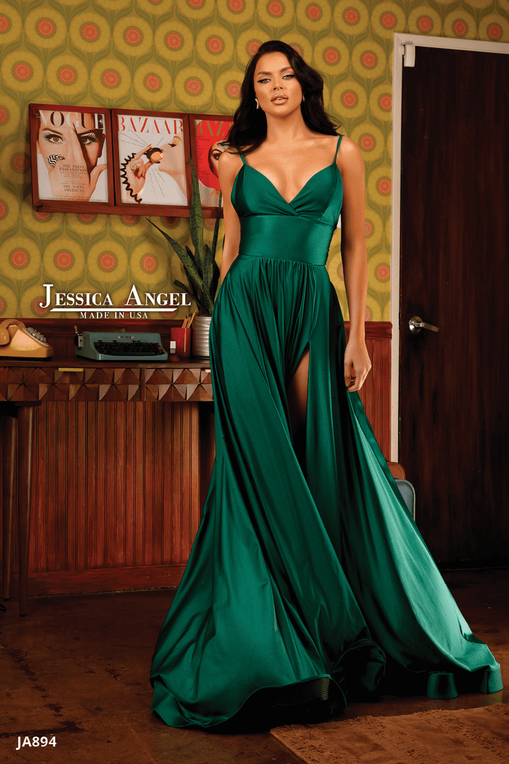 Jersey V-Neck A-line Slit Gown by Jessica Angel 894