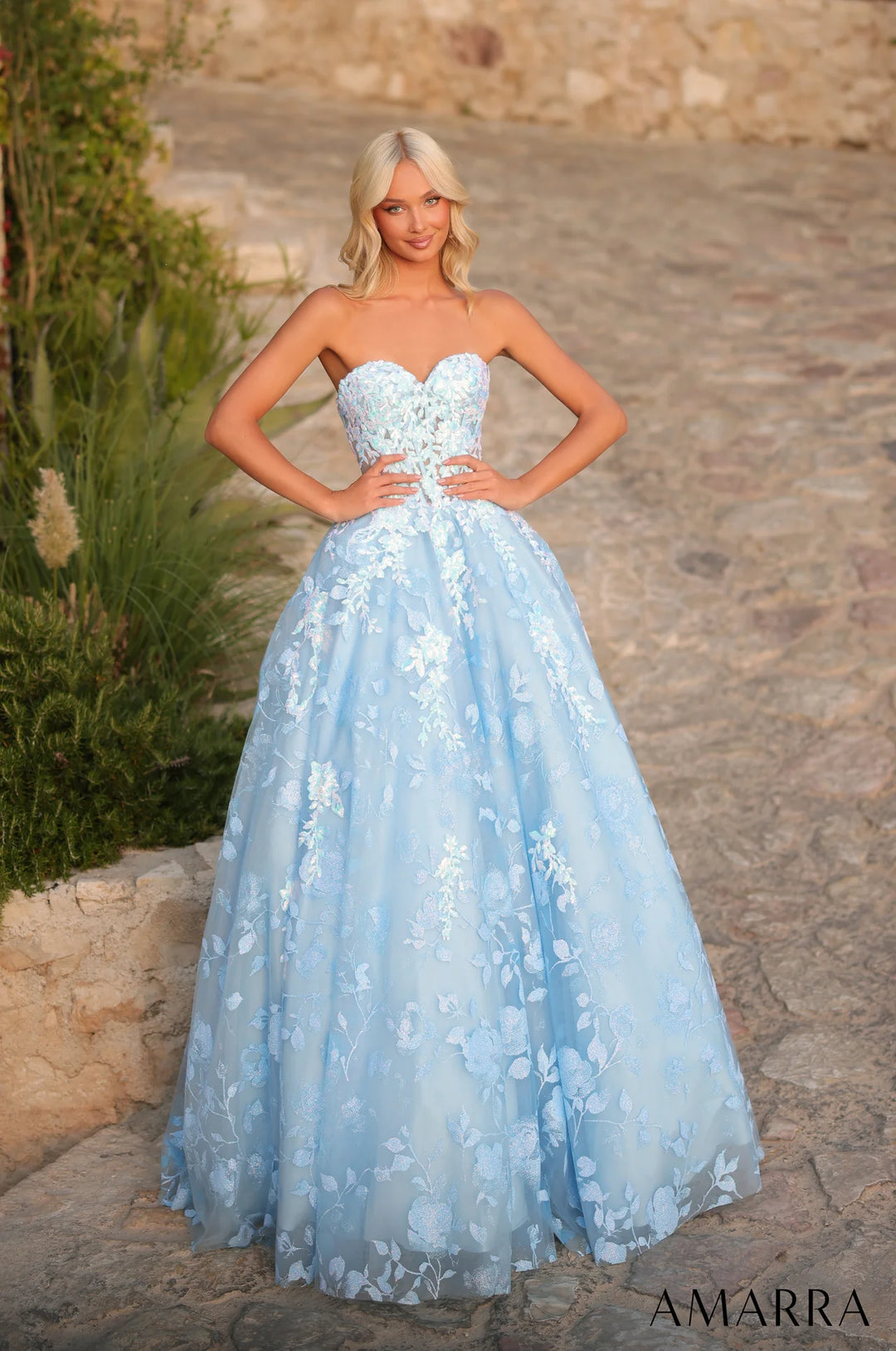 Floral Applique Strapless Ball Gown by Amarra 89513