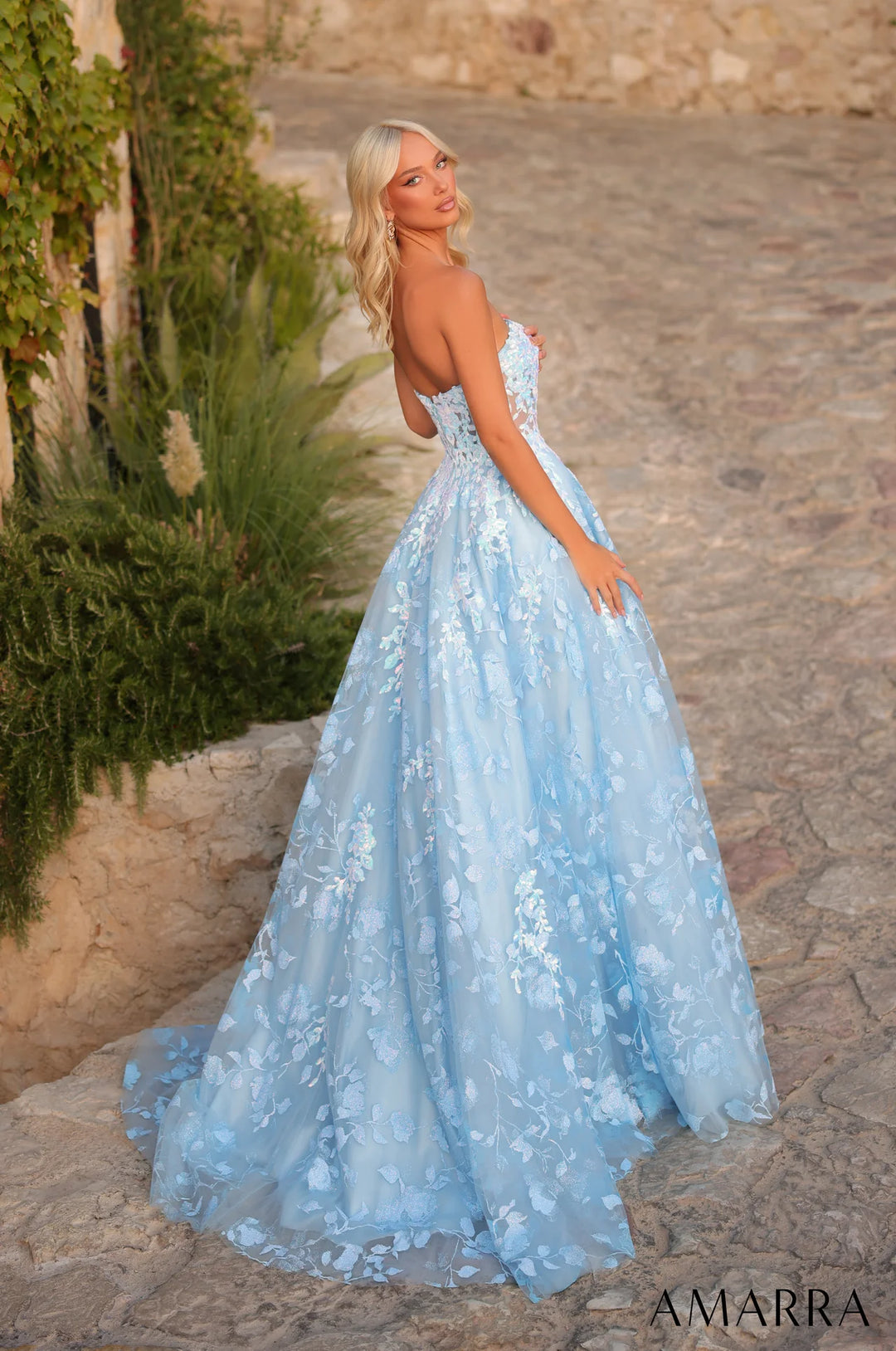 Floral Applique Strapless Ball Gown by Amarra 89513