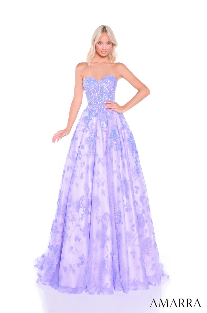 Floral Applique Strapless Ball Gown by Amarra 89513