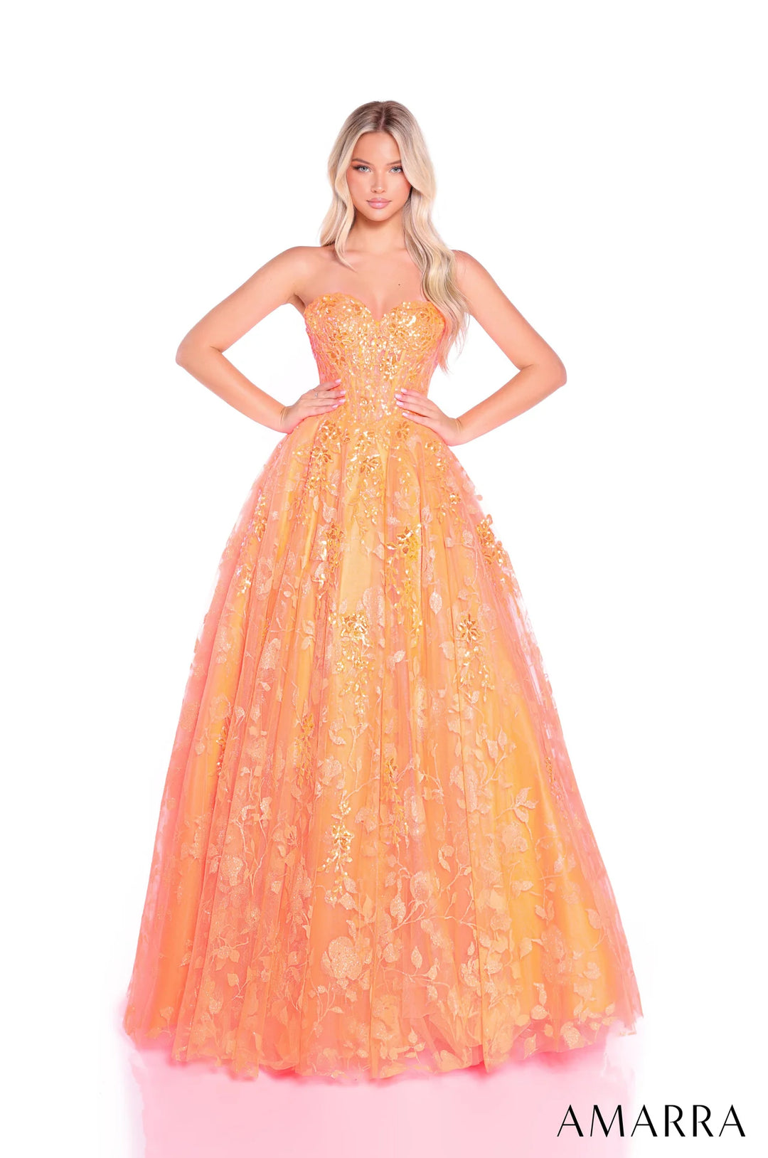 Floral Applique Strapless Ball Gown by Amarra 89513