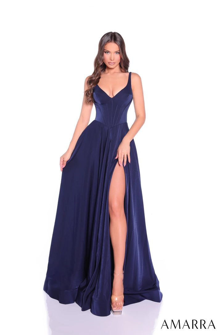 Satin Sleeveless A-line Slit Gown by Amarra 89519