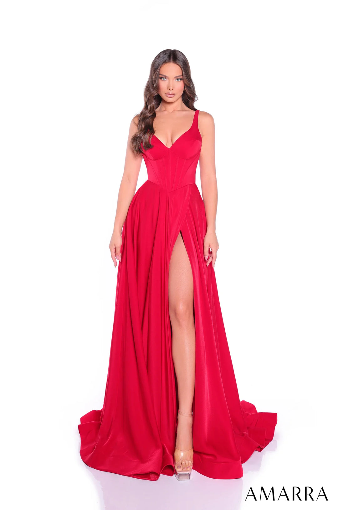Satin Sleeveless A-line Slit Gown by Amarra 89519