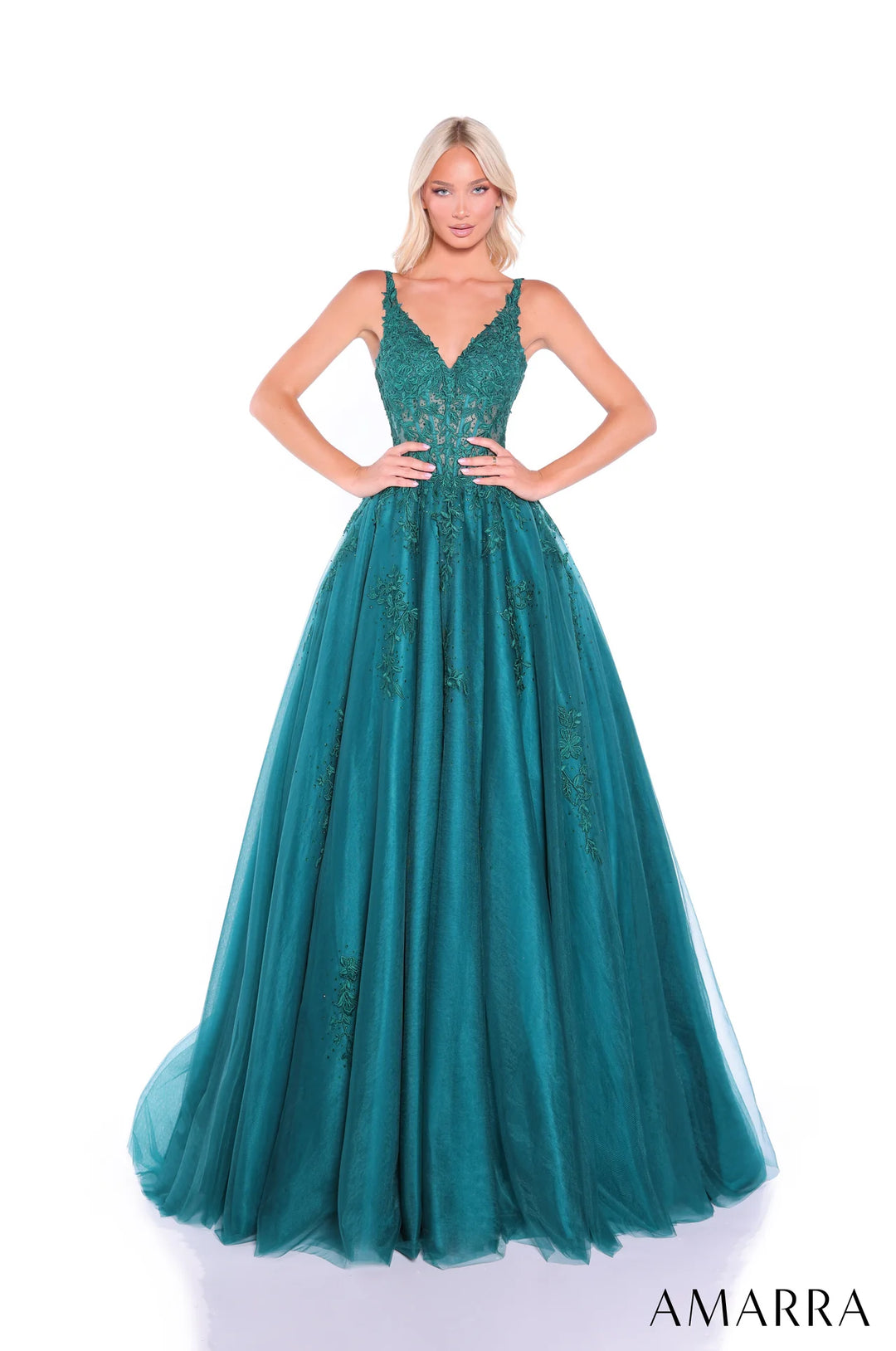 Floral Applique V-Neck Ball Gown by Amarra 89523