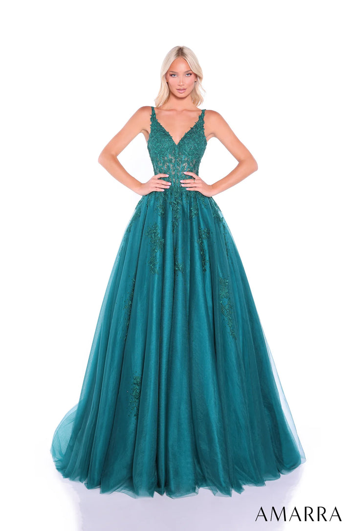 Floral Applique V-Neck Ball Gown by Amarra 89523