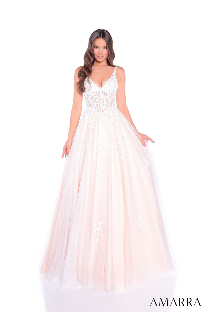 Floral Applique V-Neck Ball Gown by Amarra 89523