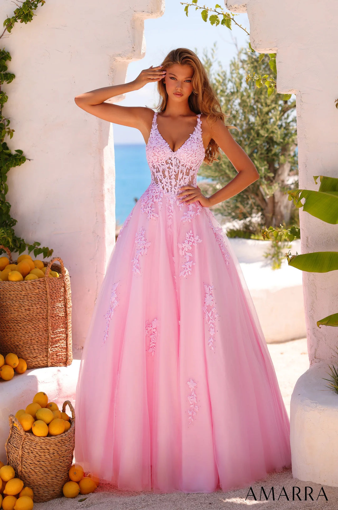 Floral Applique V-Neck Ball Gown by Amarra 89523
