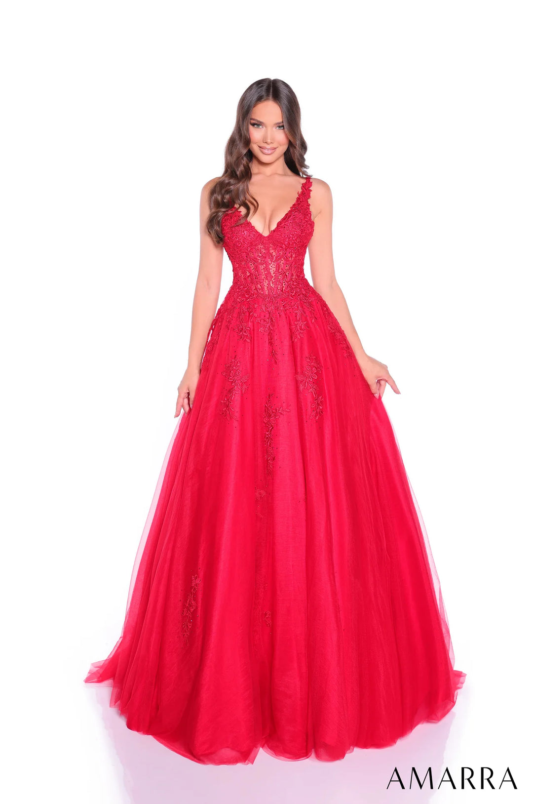 Floral Applique V-Neck Ball Gown by Amarra 89523