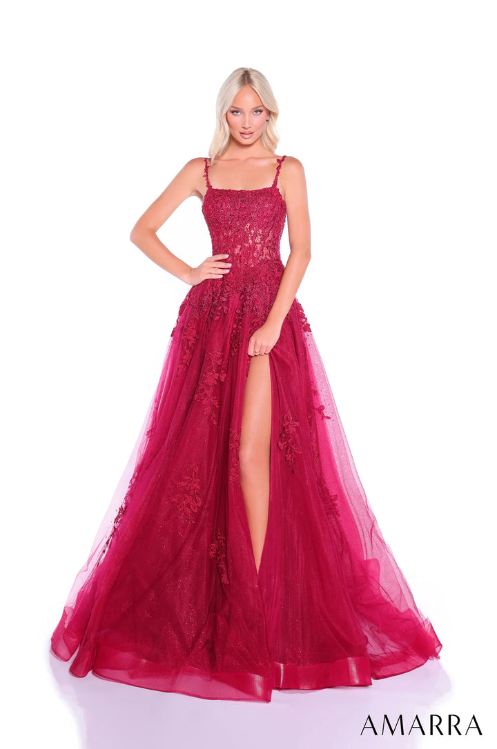 Applique Sleeveless A-line Slit Gown by Amarra 89525