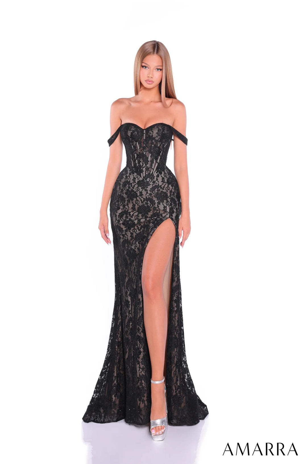 Lace Fitted Off Shoulder Slit Gown by Amarra 89527