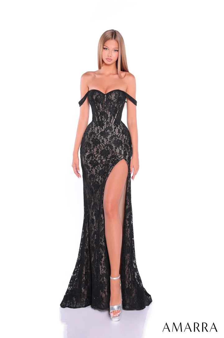 Lace Fitted Off Shoulder Slit Gown by Amarra 89527