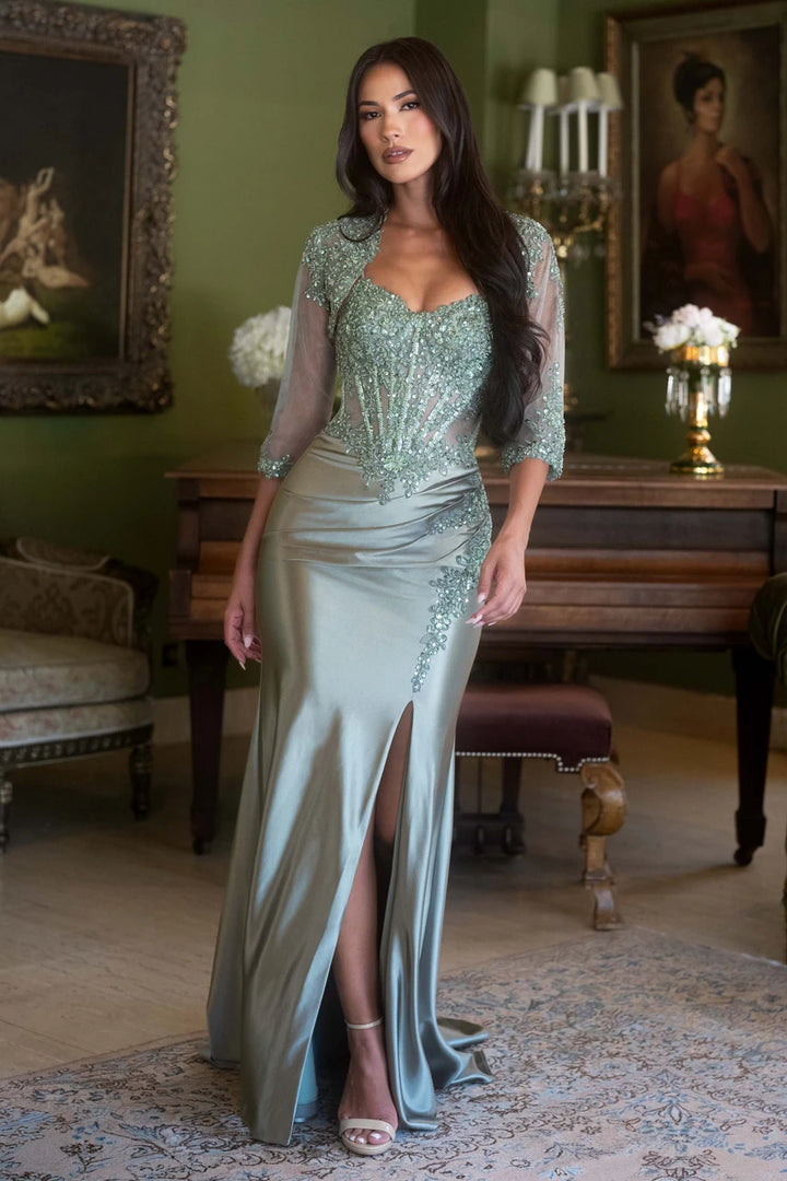 Beaded Satin Strapless Jacket Slit Gown by Lenovia 8475