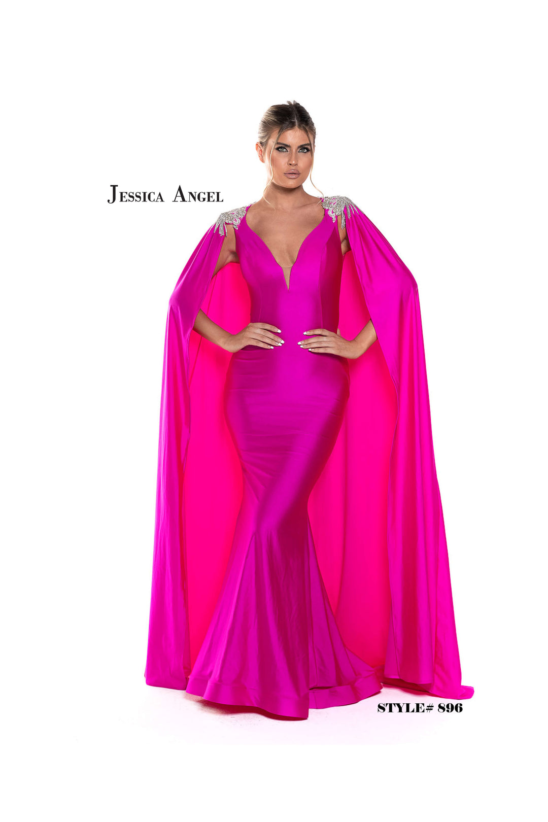 Jersey Fitted Cape Gown by Jessica Angel 896