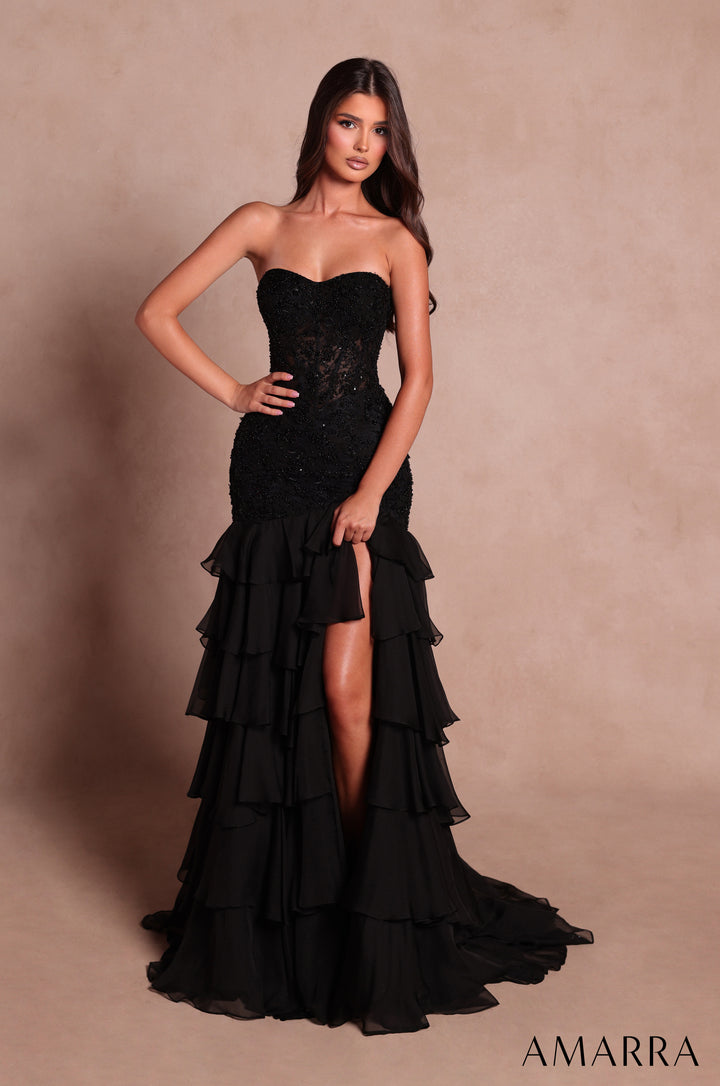 Applique Strapless Tiered Slit Gown by Amarra 89631