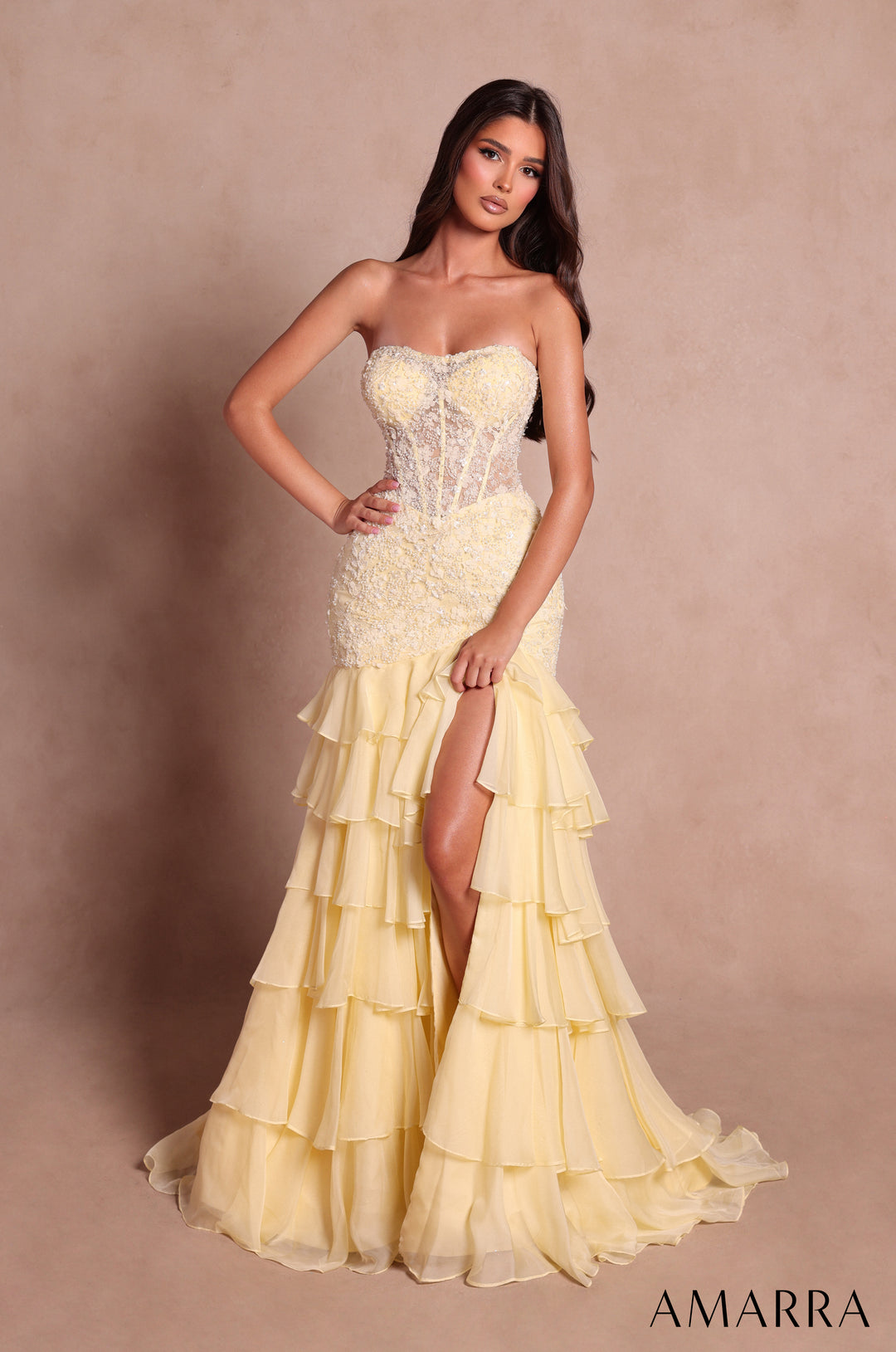 Applique Strapless Tiered Slit Gown by Amarra 89631