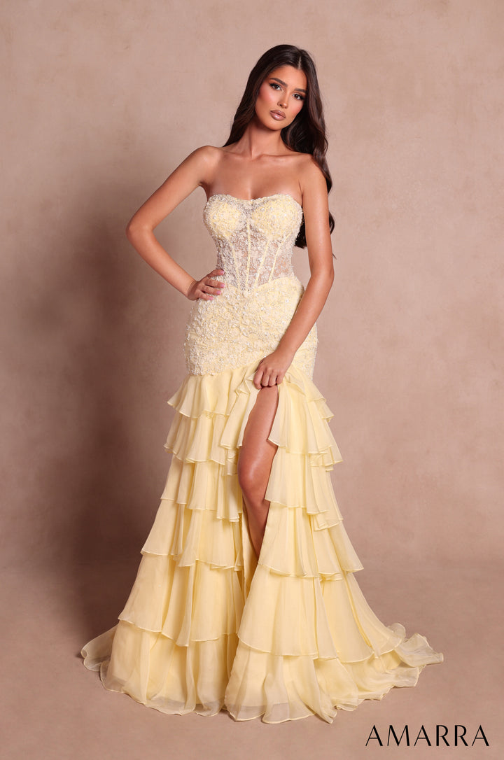 Applique Strapless Tiered Slit Gown by Amarra 89631