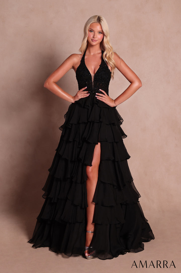 Applique Halter Tiered Slit Gown by Amarra 89633