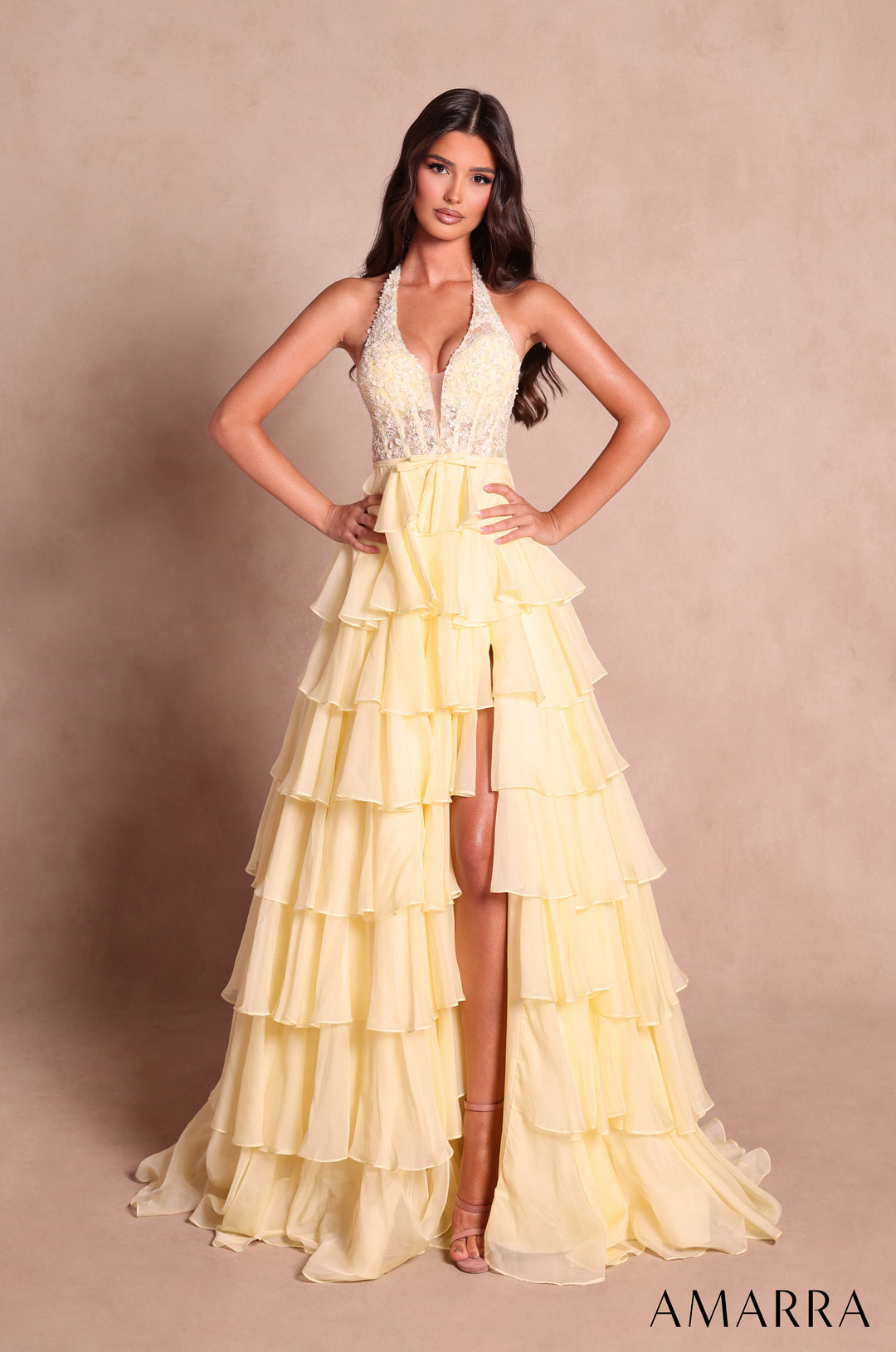Applique Halter Tiered Slit Gown by Amarra 89633
