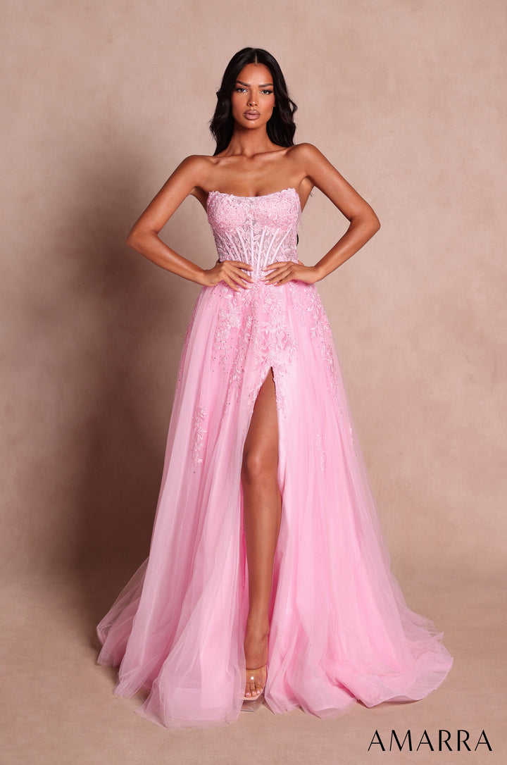 Applique Strapless A-line Slit Gown by Amarra 89684