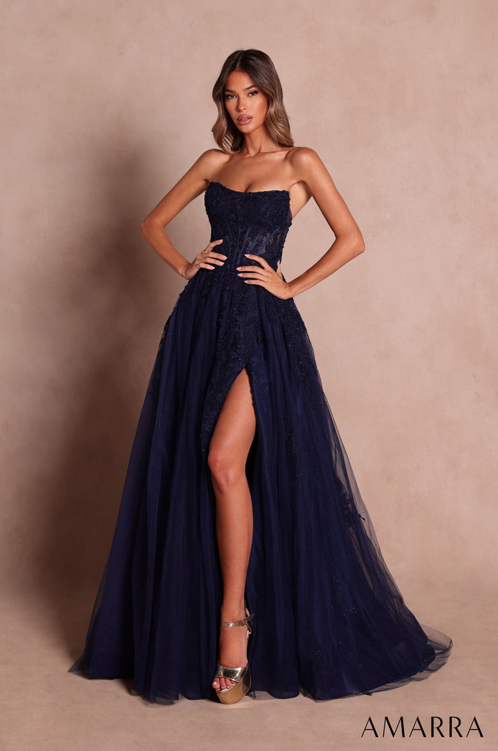 Applique Strapless A-line Slit Gown by Amarra 89684