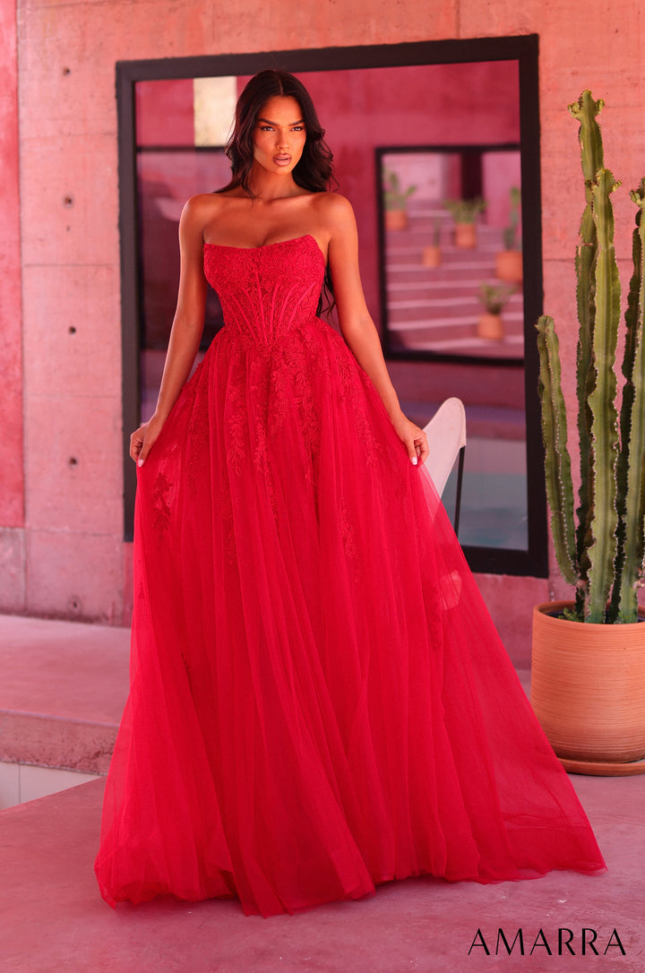 Applique Strapless A-line Slit Gown by Amarra 89684