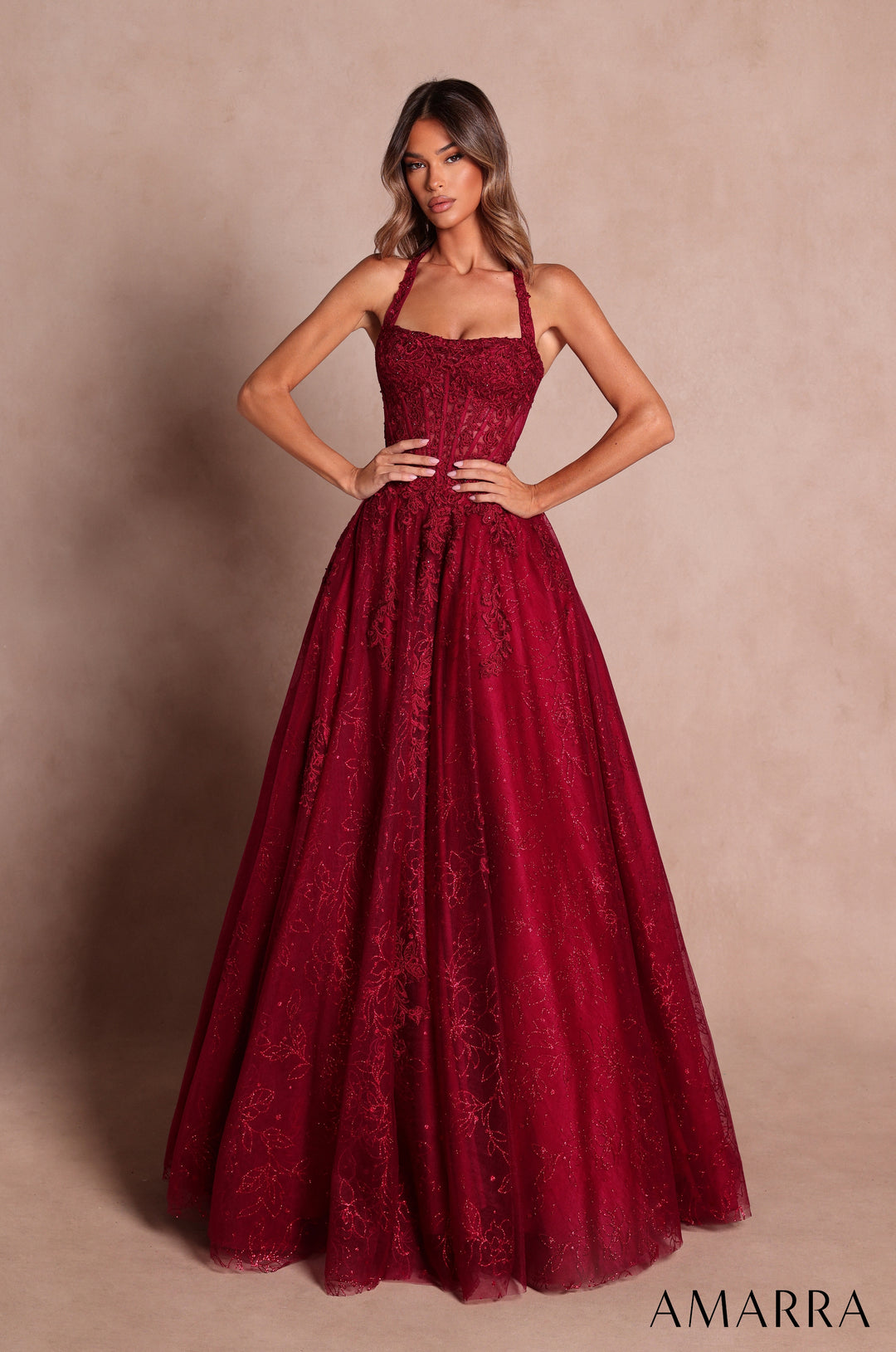 Applique Halter A-line Gown by Amarra 89685