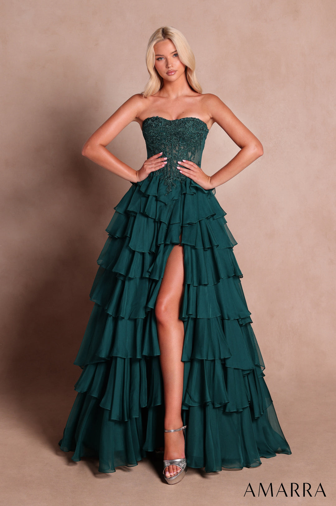 Applique Strapless Tiered Slit Gown by Amarra 89687