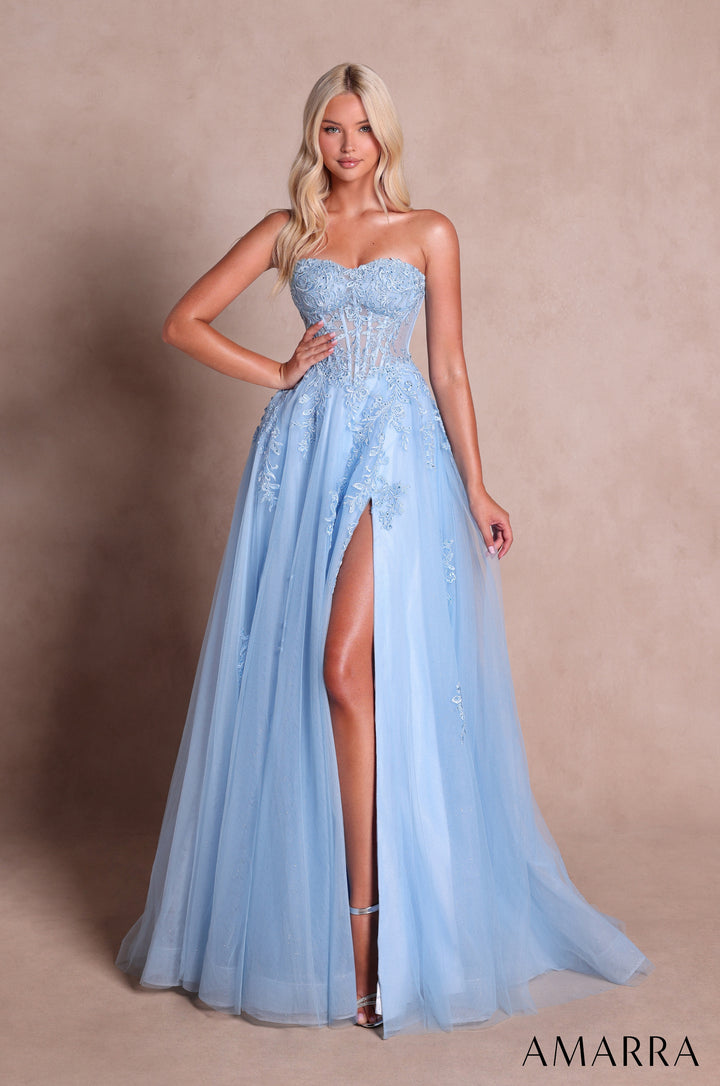 Applique Strapless A-line Slit Gown by Amarra 89689