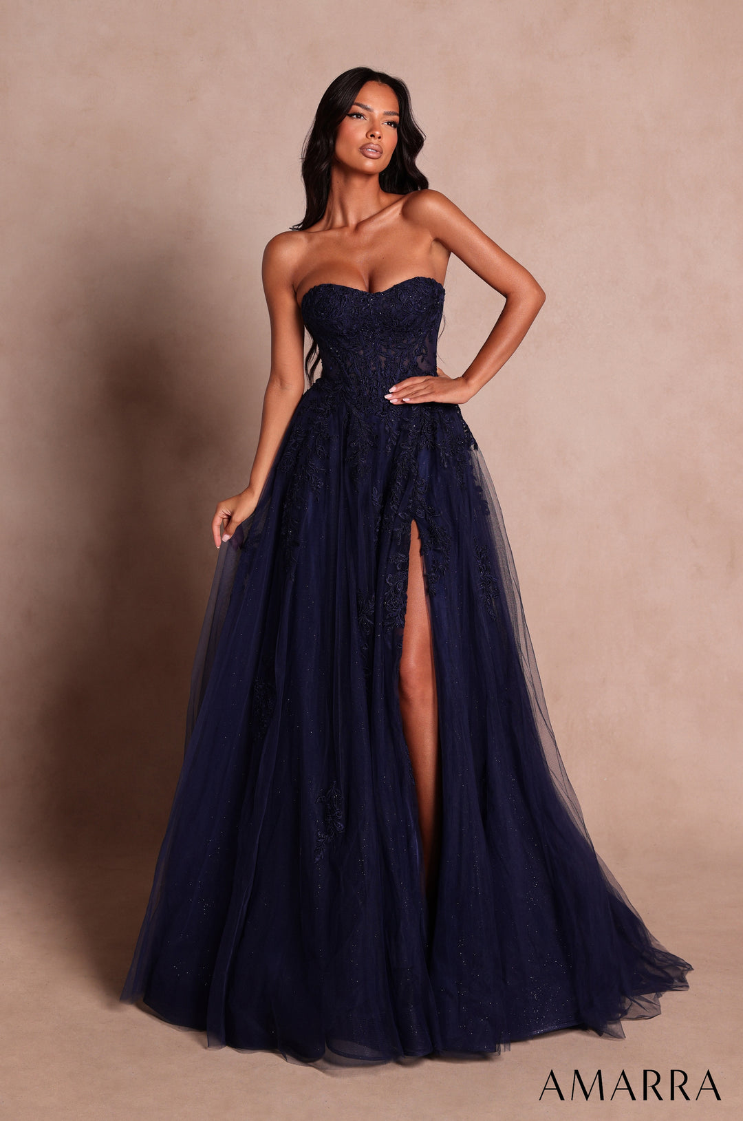 Applique Strapless A-line Slit Gown by Amarra 89689