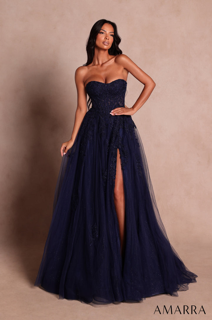 Applique Strapless A-line Slit Gown by Amarra 89689