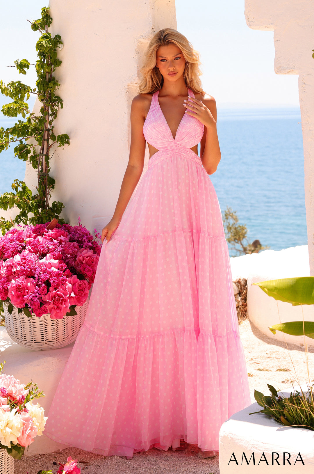 Polka Dot Print Halter A-line Gown by Amarra 89730