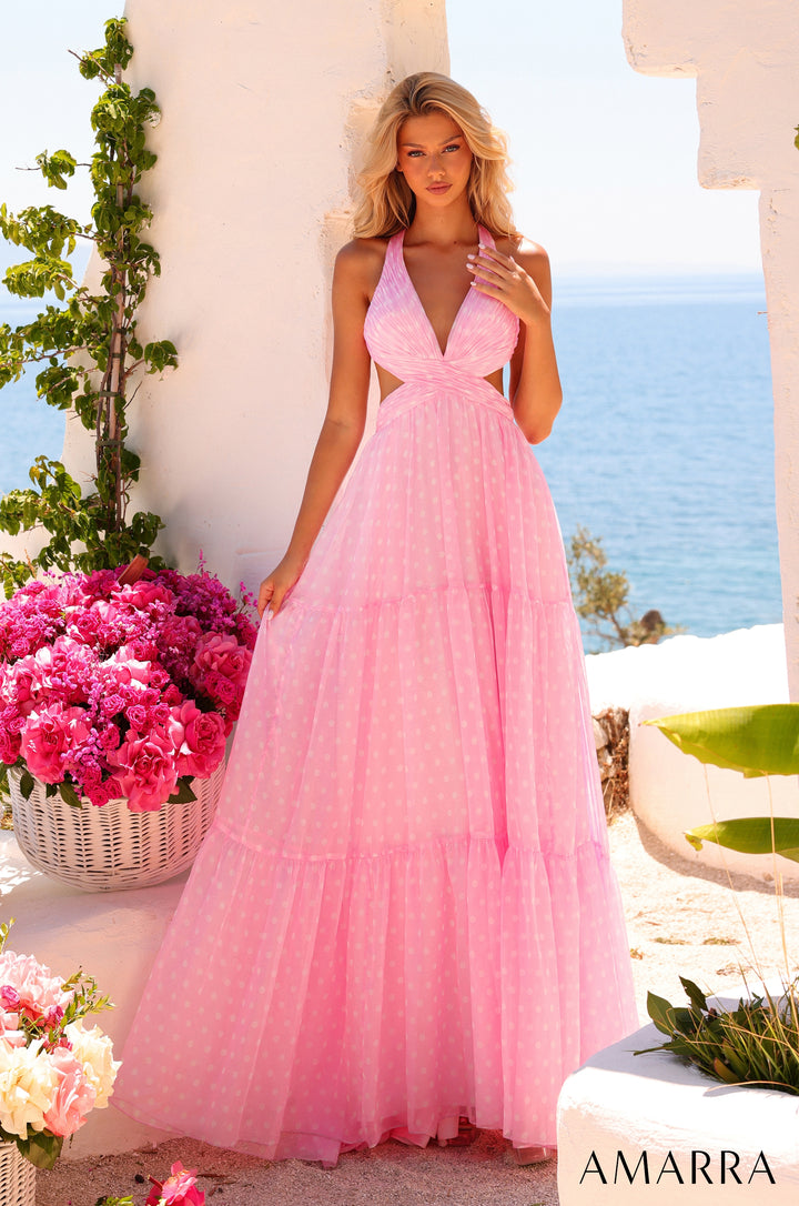 Polka Dot Print Halter A-line Gown by Amarra 89730