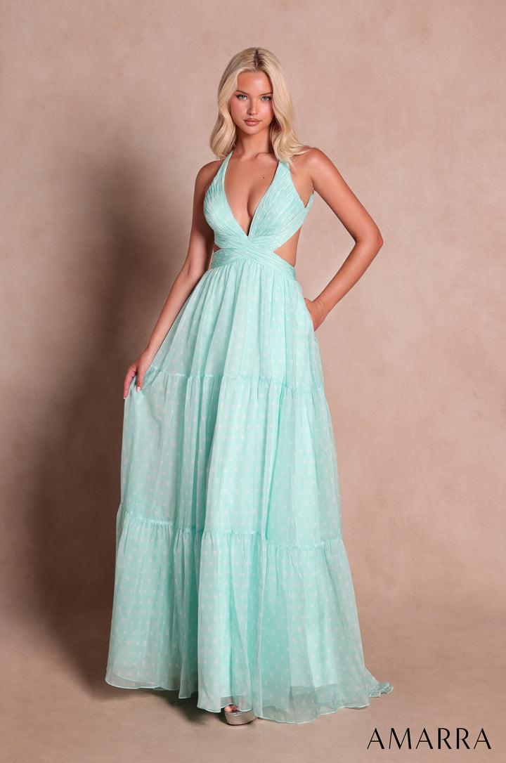 Polka Dot Print Halter A-line Gown by Amarra 89730