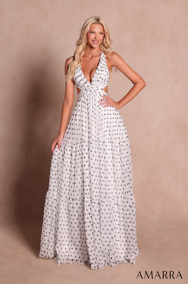 Polka Dot Print Halter A-line Gown by Amarra 89730