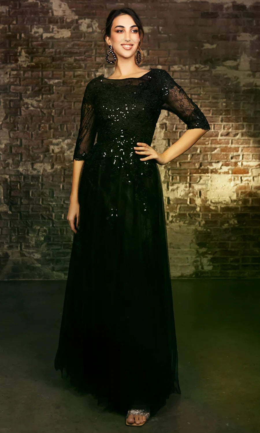 Applique Mid-Sleeve A-line Gown by May Queen MQ2143