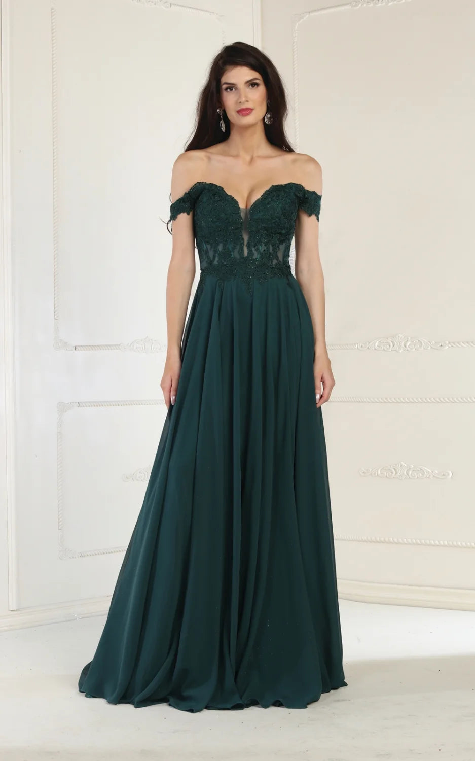 Applique Off Shoulder A-line Gown by May Queen MQ1714