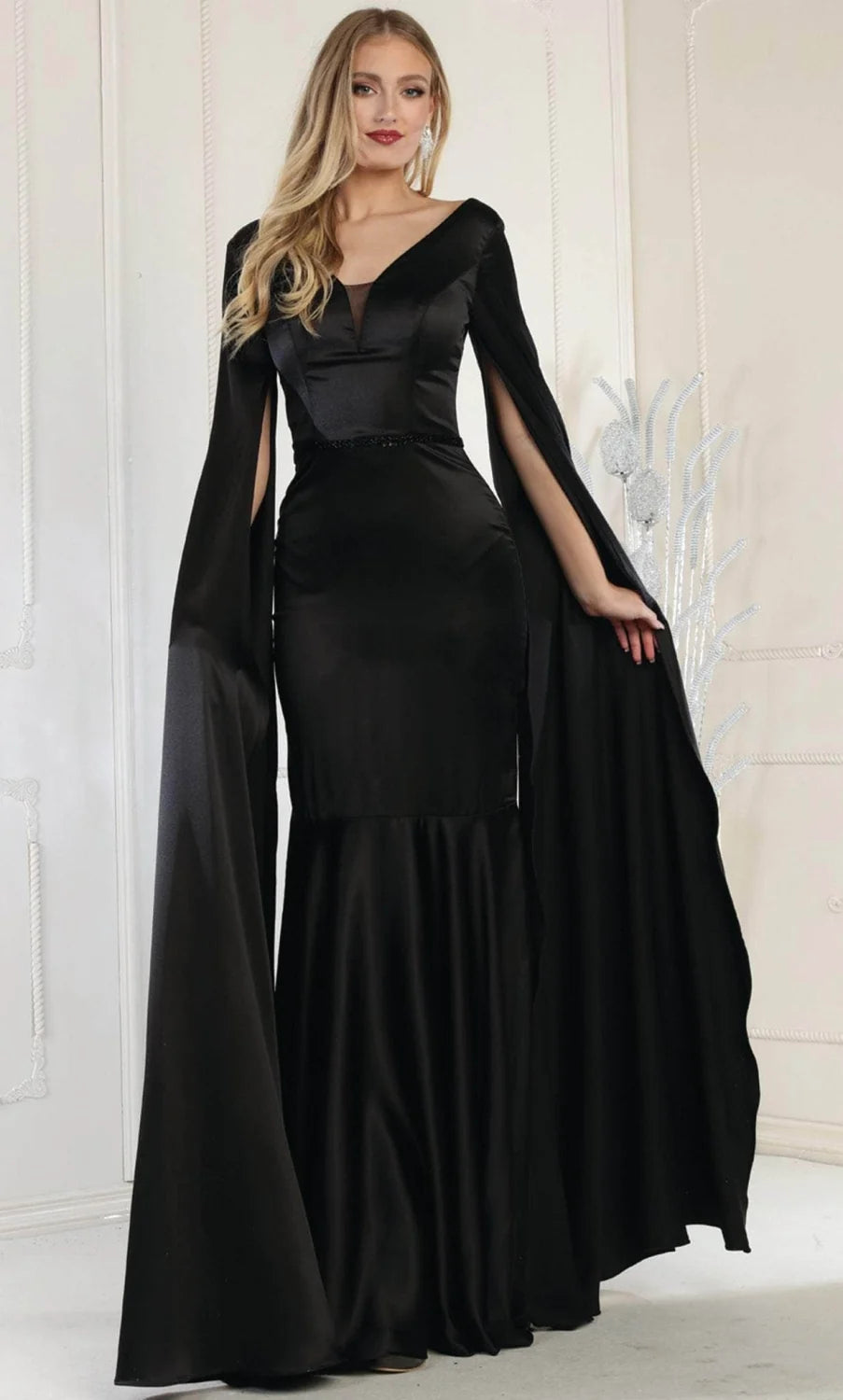 Satin Fitted Cape Sleeve Gown by May Queen RQ7961