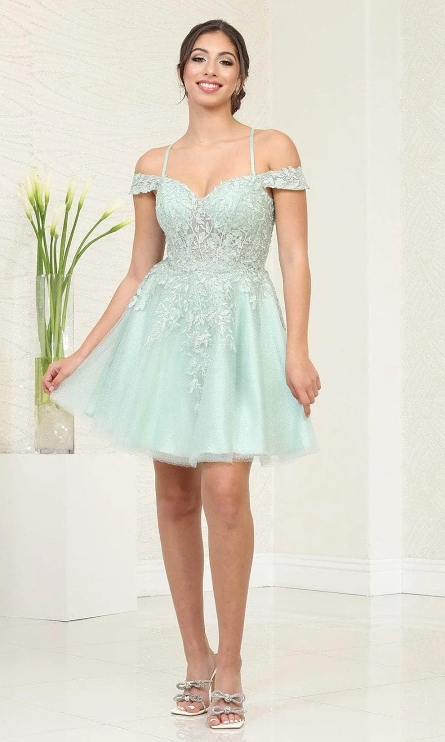 Applique Short Cold Shoulder Dress by May Queen MQ2099
