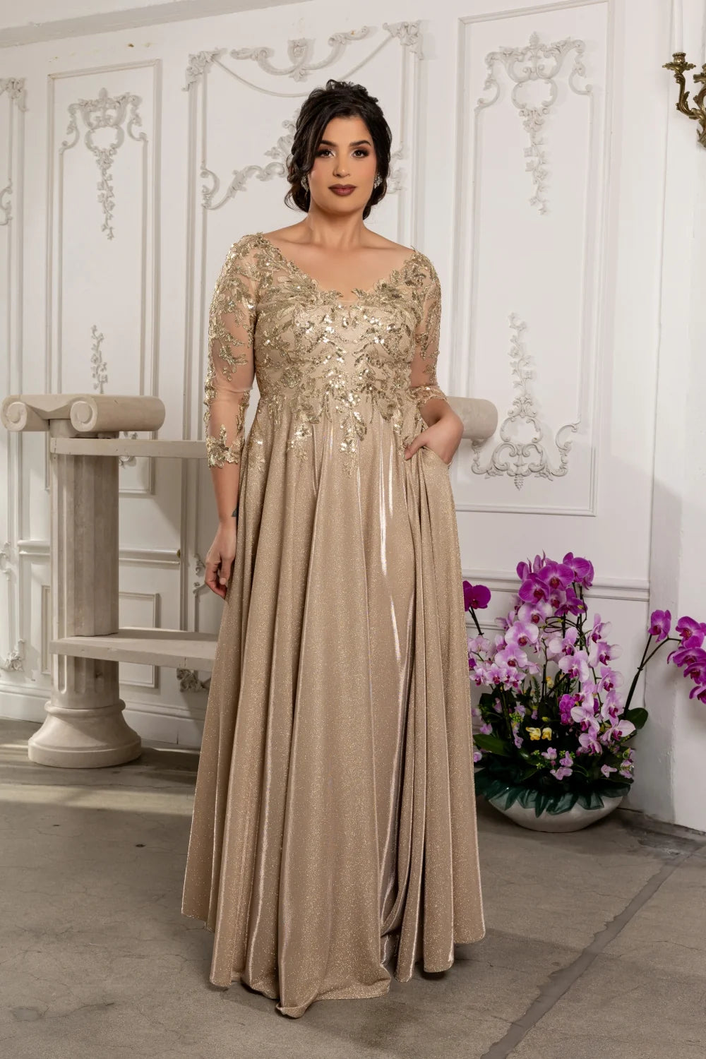 Glitter 3/4 Sleeve A-line Gown by May Queen MQ2226