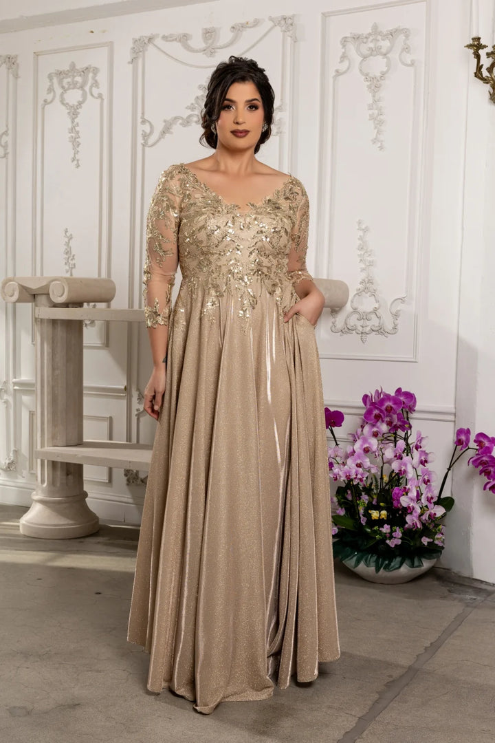 Glitter 3/4 Sleeve A-line Gown by May Queen MQ2226